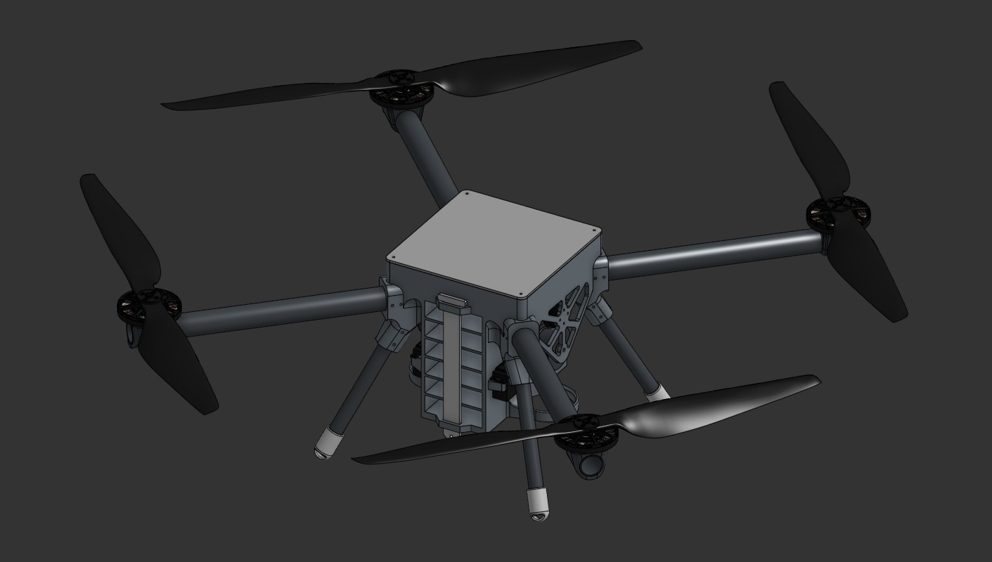 Isometric CAD view of the Kreosus SUAS 2026 quadrotor